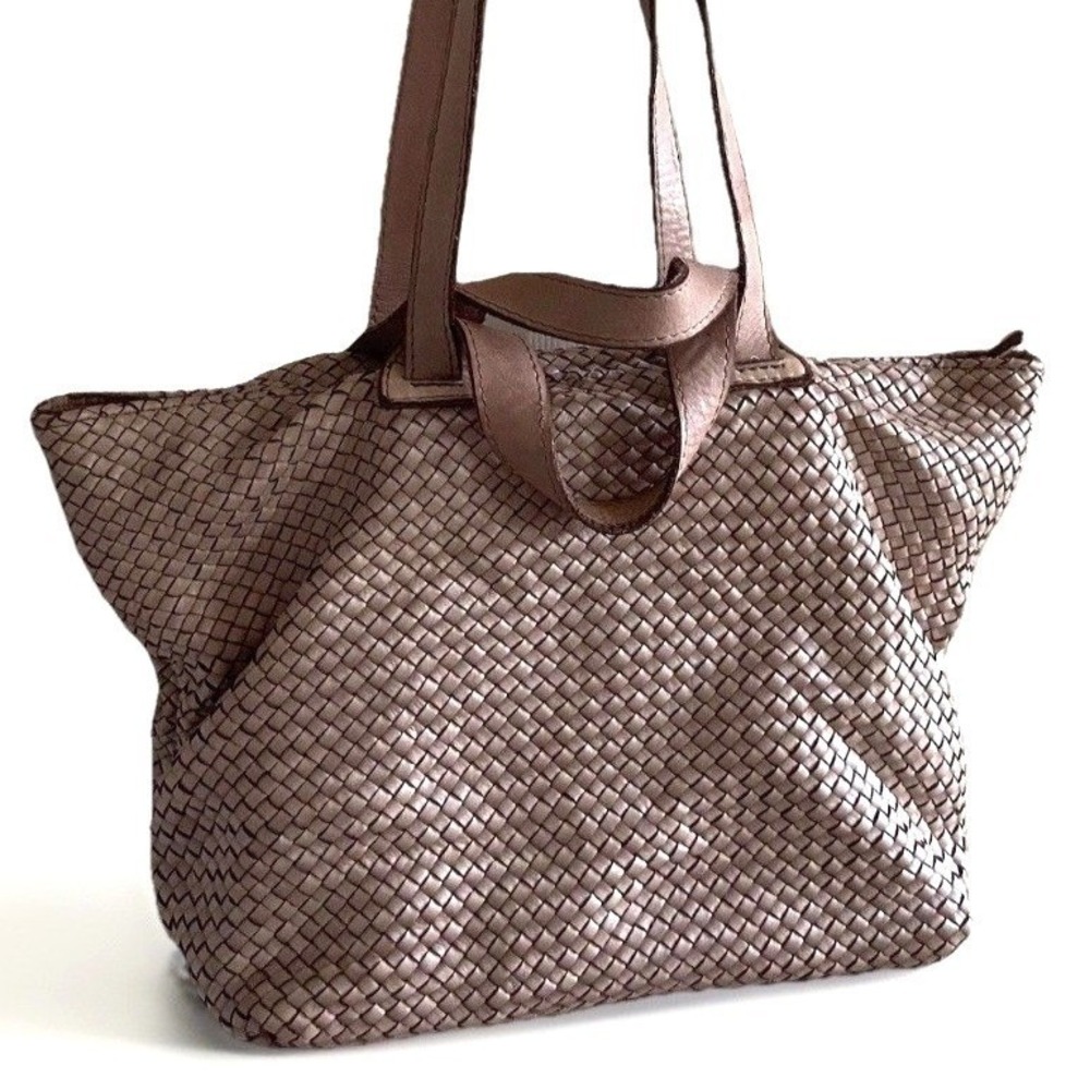 Sundance Italian Woven Leather Tote Bag Taupe Soft Slouchy Zip Top Italy